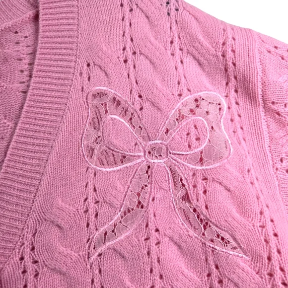 NWT LoveShackFancy Leota Wool Cashmere‎ Cardigan Pink Cable Knit Bow Sweater XL